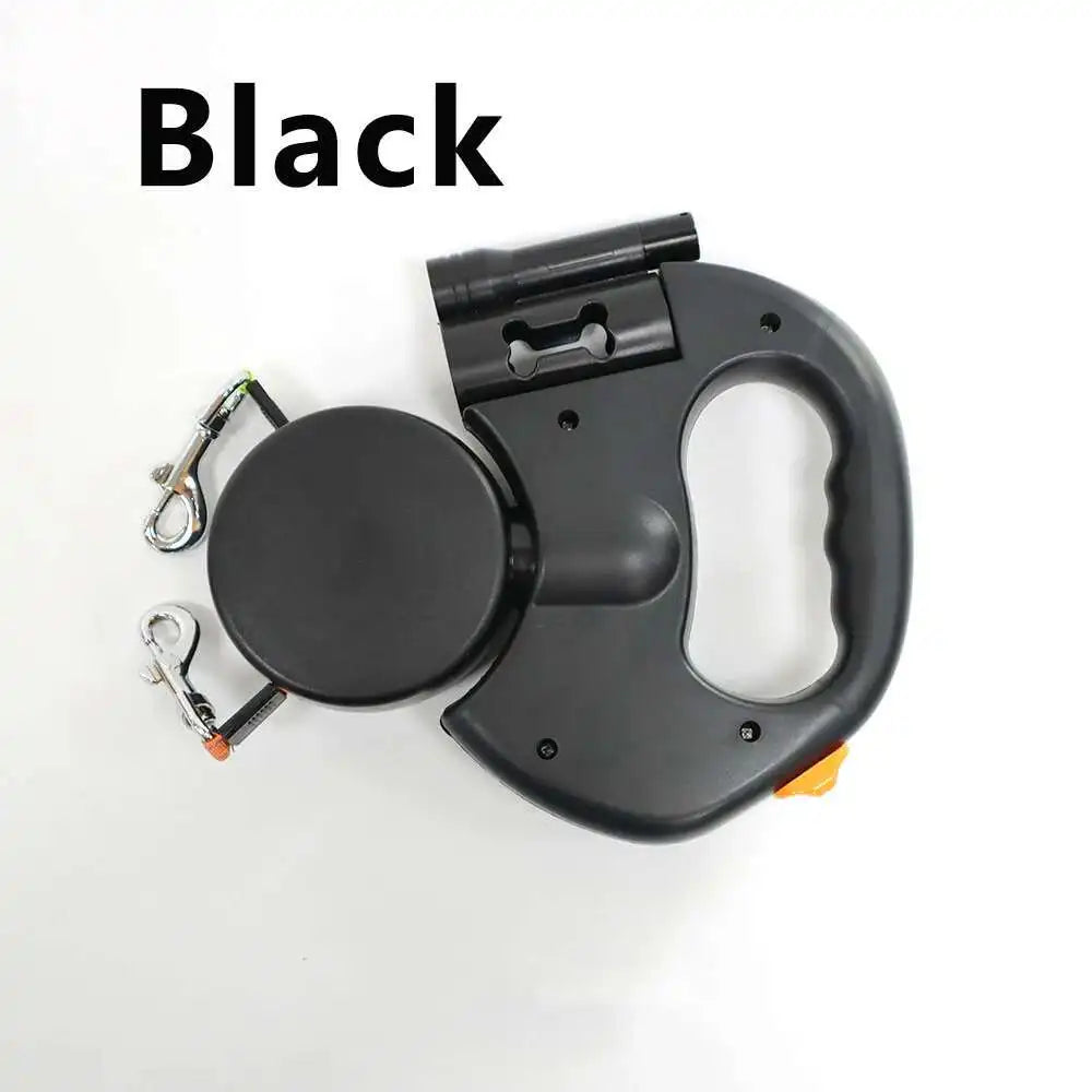 Dual Auto Retractable Dog Leash with LED Flashlight & Waste Bag Holder – 3M Tangle-Free Double Leash for Two Dogs | 360° Swivel No-Tangle Design