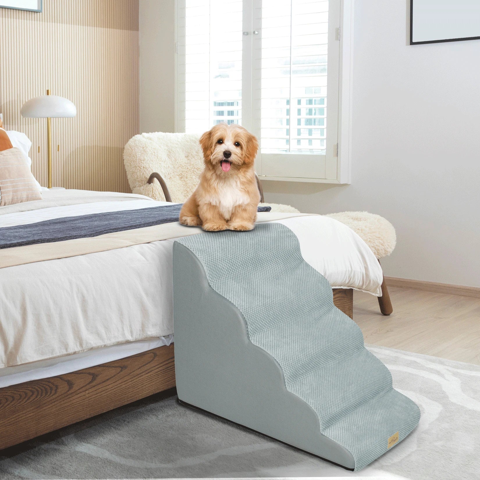 Extra Wide Dog Stairs Ramp for Beds & Couches – Non-Slip Pet Steps with Waterproof Cover | 3, 4, 5 Step Options for Small & Senior Dogs