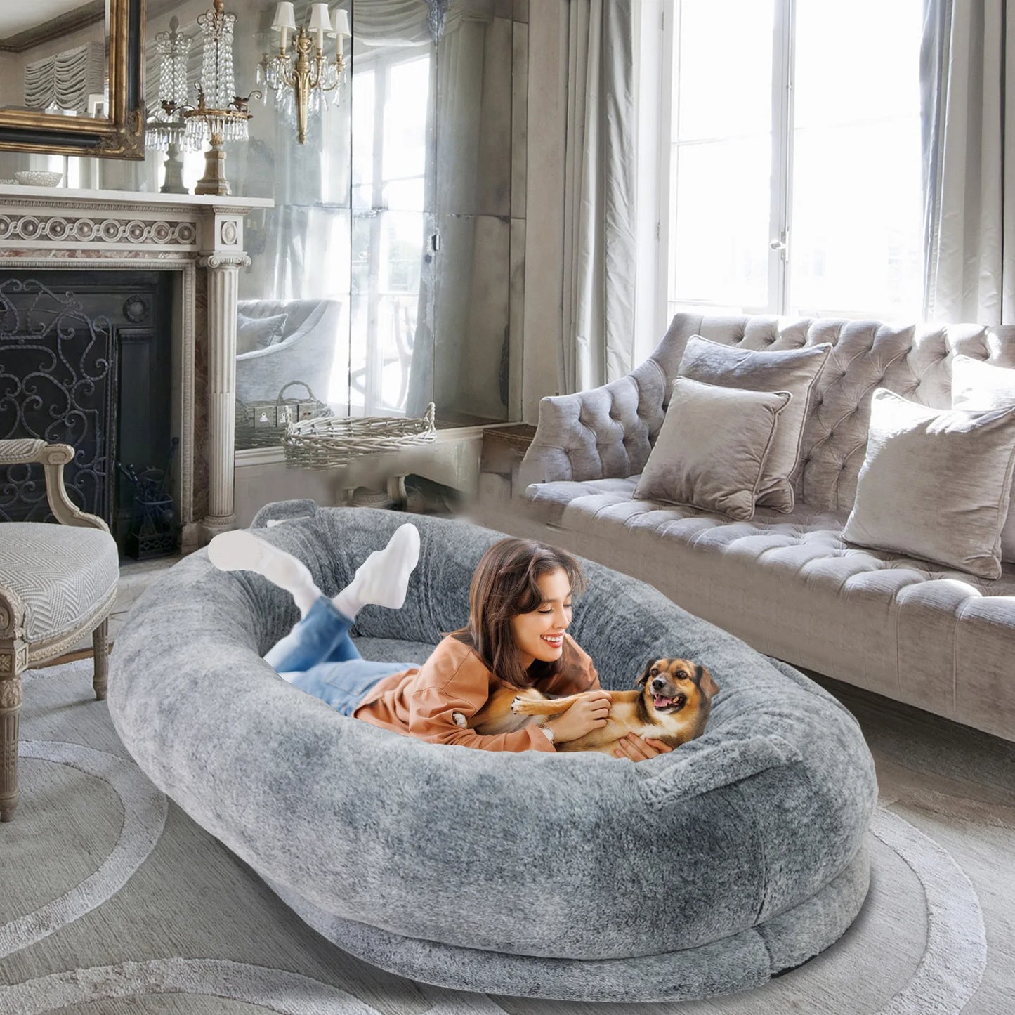 Large Human Dog Bed – 66" x 43" Giant Beanbag Bed for Adults & Pets with Washable Plush Cover & Blanket | Cozy Oversized Pet Lounger