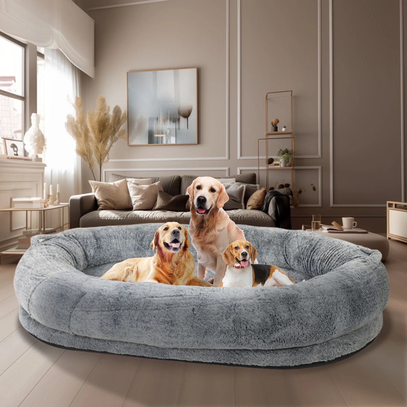 Large Human Dog Bed – 66" x 43" Giant Beanbag Bed for Adults & Pets with Washable Plush Cover & Blanket | Cozy Oversized Pet Lounger