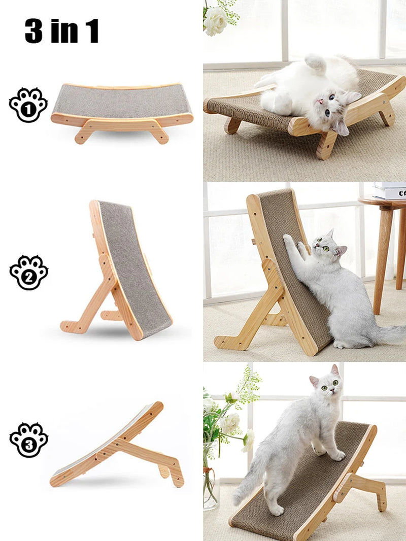 3-in-1 Cat Scratcher Lounge Bed with Wooden Frame – Detachable Scratch Board, Anti-Scratch Training Toy for Claw Grinding