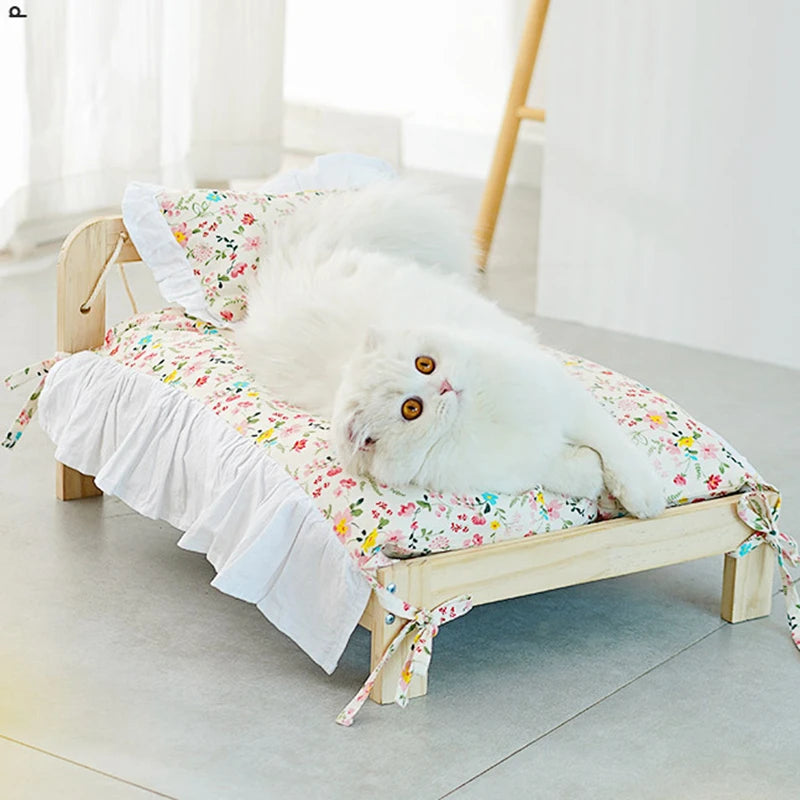 Solid Wood Princess Pet Bed for Cats & Small Dogs – Detachable Luxury Sofa Bed with Pillow & Blanket Set