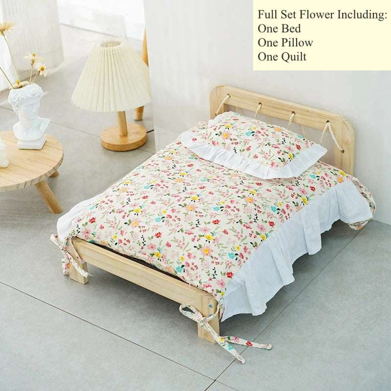 Solid Wood Princess Pet Bed for Cats & Small Dogs – Detachable Luxury Sofa Bed with Pillow & Blanket Set