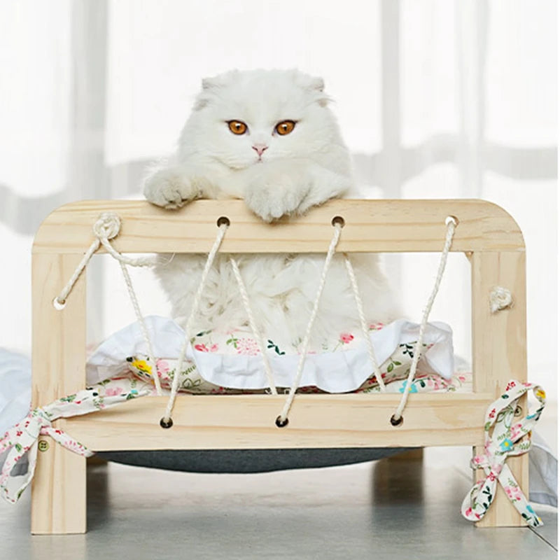 Solid Wood Princess Pet Bed for Cats & Small Dogs – Detachable Luxury Sofa Bed with Pillow & Blanket Set