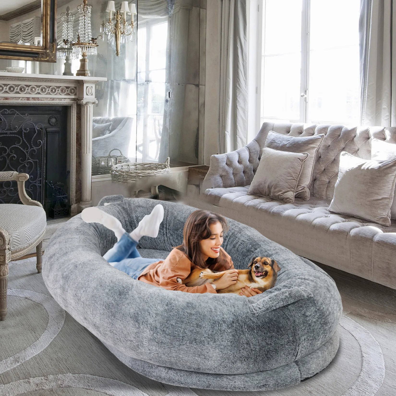Large Human Dog Bed – 66" x 43" Giant Beanbag Bed for Adults & Pets with Washable Plush Cover & Blanket | Cozy Oversized Pet Lounger