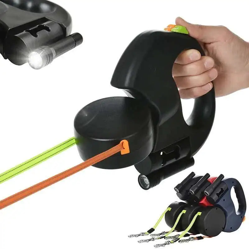 Dual Auto Retractable Dog Leash with LED Flashlight & Waste Bag Holder – 3M Tangle-Free Double Leash for Two Dogs | 360° Swivel No-Tangle Design