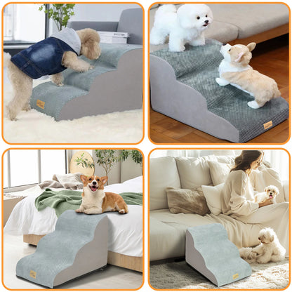 Extra Wide Dog Stairs Ramp for Beds & Couches – Non-Slip Pet Steps with Waterproof Cover | 3, 4, 5 Step Options for Small & Senior Dogs