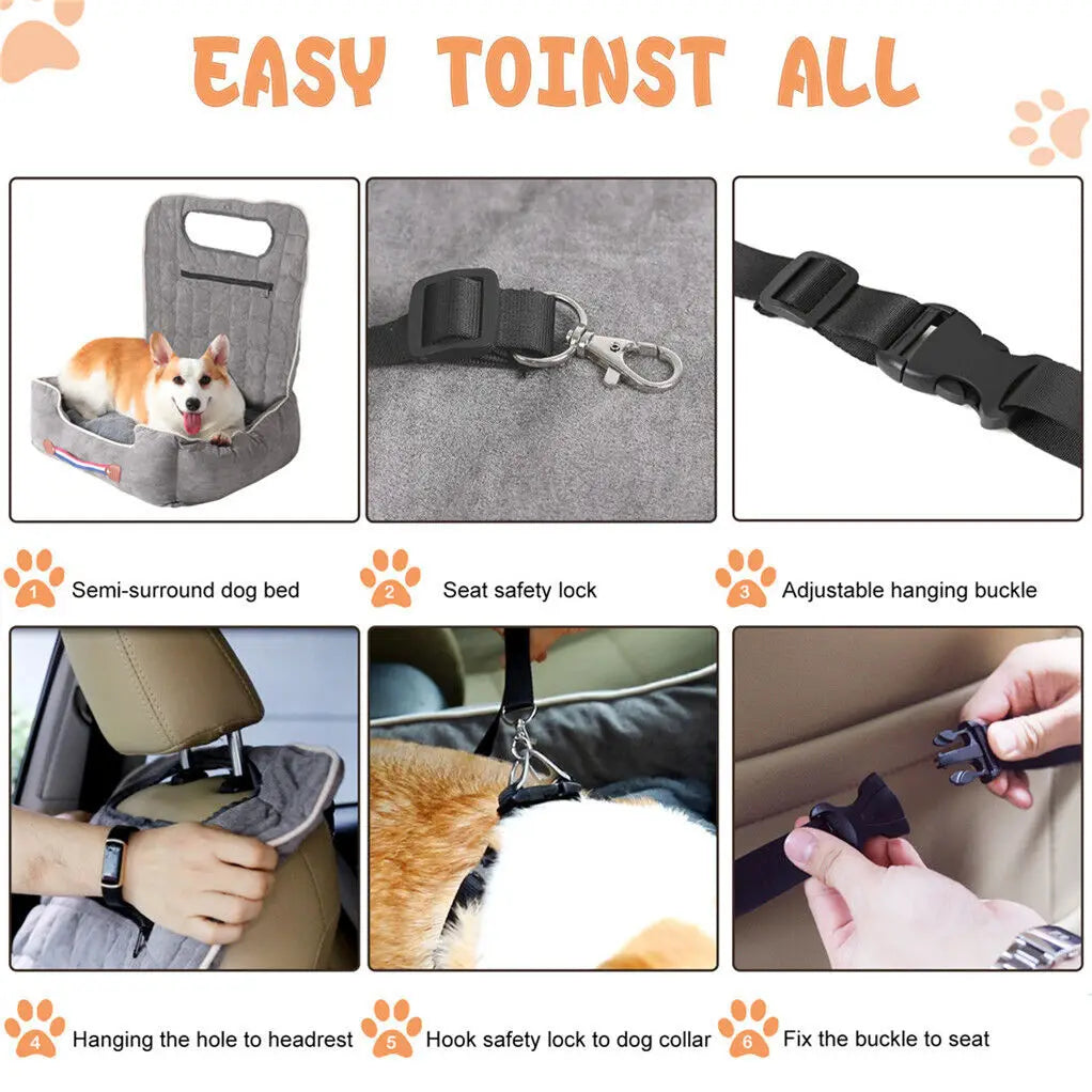 Dog Car Seat Protector & Booster Bed – Anti-Slip Travel Pet Seat with Safety Leash, Storage Pockets & Waterproof Liner | Holds Pets Up to 14kg