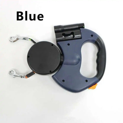 Dual Auto Retractable Dog Leash with LED Flashlight & Waste Bag Holder – 3M Tangle-Free Double Leash for Two Dogs | 360° Swivel No-Tangle Design