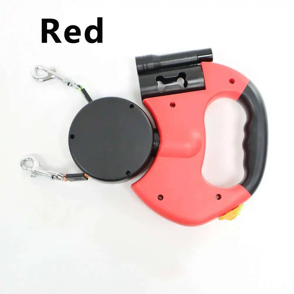 Dual Auto Retractable Dog Leash with LED Flashlight & Waste Bag Holder – 3M Tangle-Free Double Leash for Two Dogs | 360° Swivel No-Tangle Design