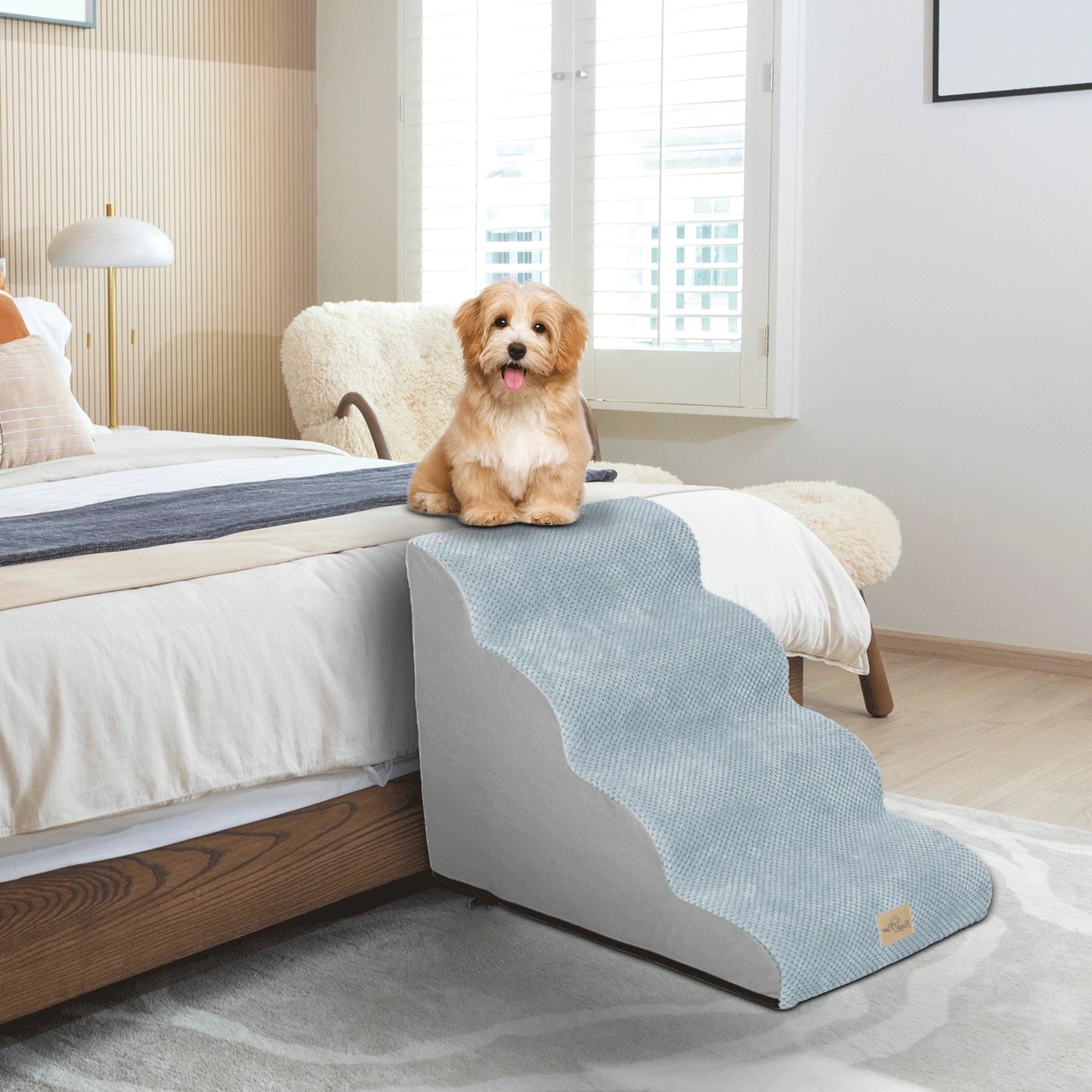 Extra Wide Dog Stairs Ramp for Beds & Couches – Non-Slip Pet Steps with Waterproof Cover | 3, 4, 5 Step Options for Small & Senior Dogs