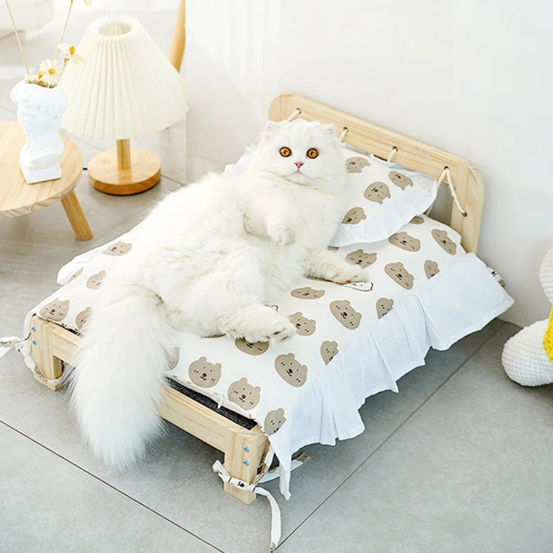 Solid Wood Princess Pet Bed for Cats & Small Dogs – Detachable Luxury Sofa Bed with Pillow & Blanket Set