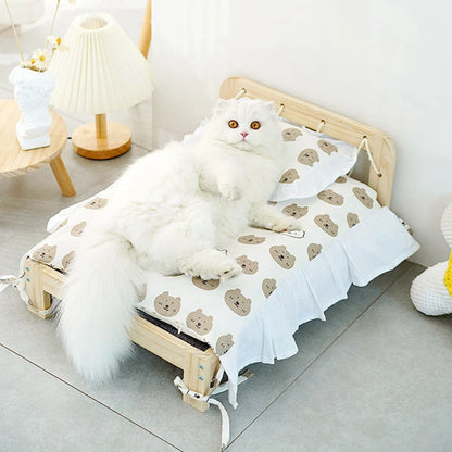 Solid Wood Princess Pet Bed for Cats & Small Dogs – Detachable Luxury Sofa Bed with Pillow & Blanket Set