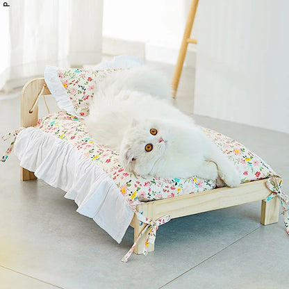Solid Wood Princess Pet Bed for Cats & Small Dogs – Detachable Luxury Sofa Bed with Pillow & Blanket Set