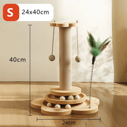 Wooden Cat Scratching Post with Sisal & Turntable – Durable Claw Grinder Toy for Kittens with 4 Interactive Balls